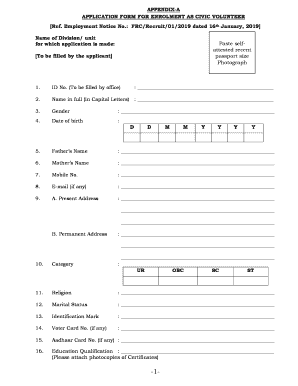 APPENDIX a APPLICATION FORM for ENROLMENT as CIVIC VOLUNTEER