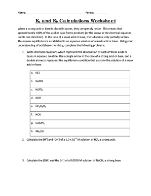 Ka and Kb Calculations Worksheet  Form