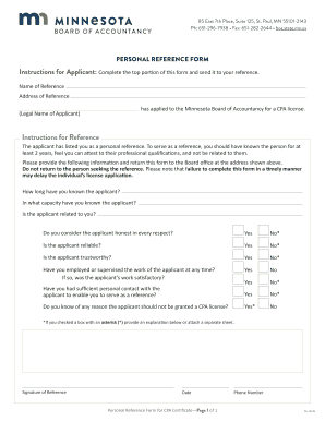 Personal Reference Form for MN CPA Certificate