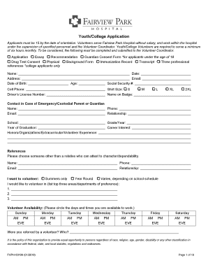 Youth and College Volunteer Application Fairview Park Hospital  Form