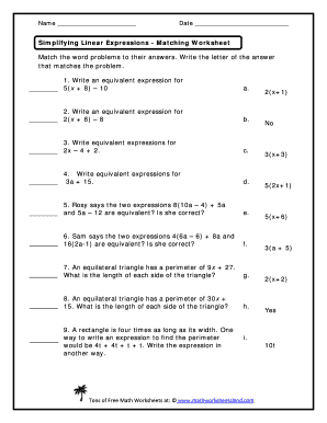 Matching Expressions to Word Problems Worksheet  Form