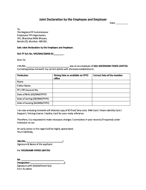 Joint Declaration by the Member and the Employer  Form