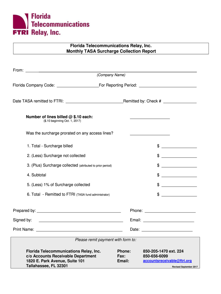  Florida Telecommunications Relay, Inc Monthly TASA Surcharge 2017-2024