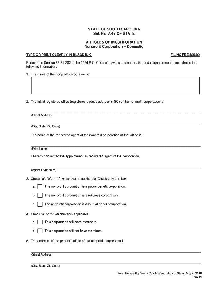 SC Articles of Incorporation Nonprofit Corporation Domestic  Form