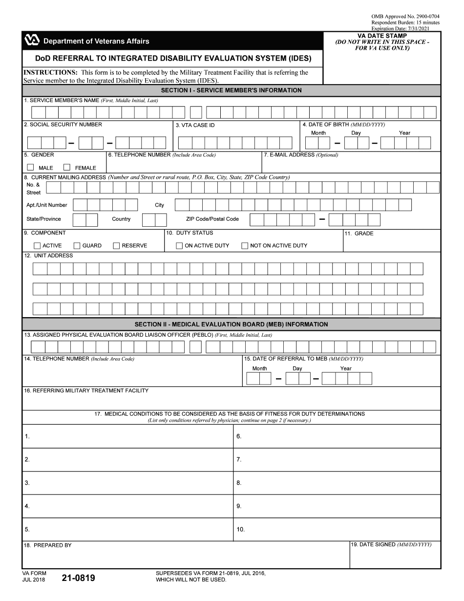  Va Form 21 0819 2018-2024