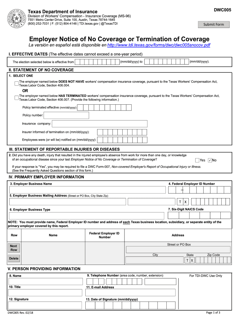  Dwc Form 005 2018-2024