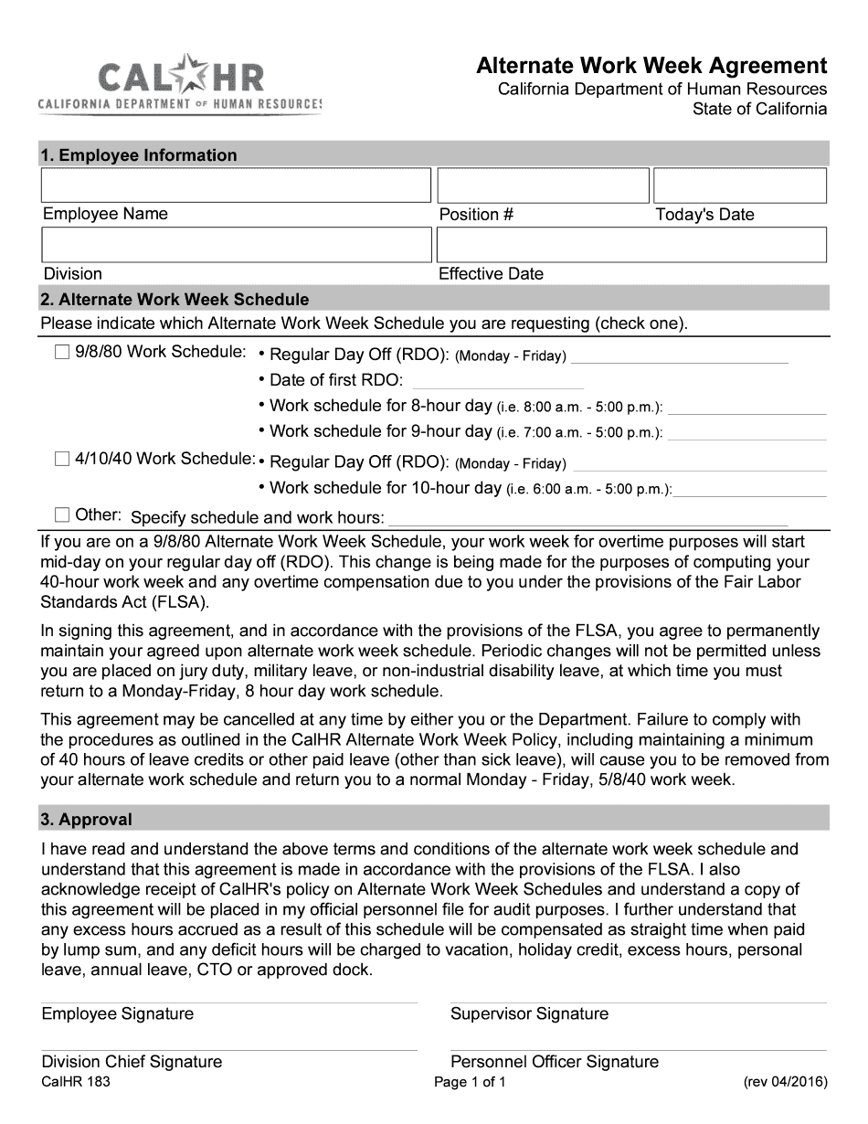  California Alternative Workweek Agreement Form 2016-2024