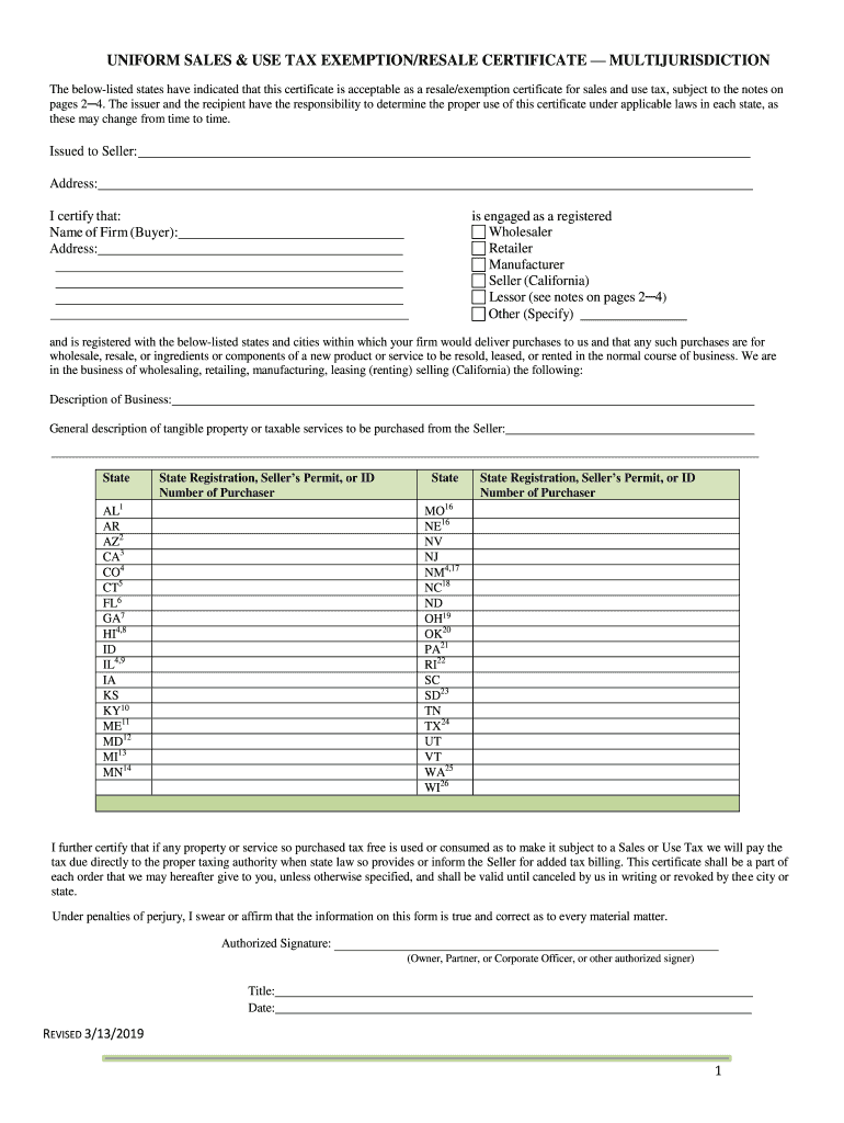  Uniform Sales and Use Tax Certificate 2019