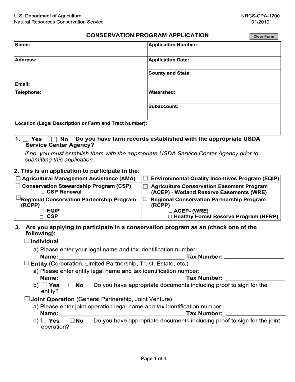  Fillable Nrcs Cpa 1200 Form Csp 2019