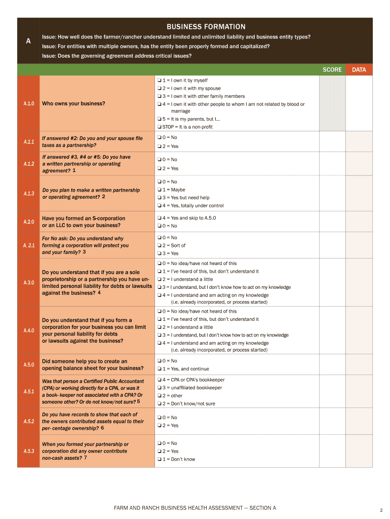 Farm and Ranch Business Health Assessment National  Form