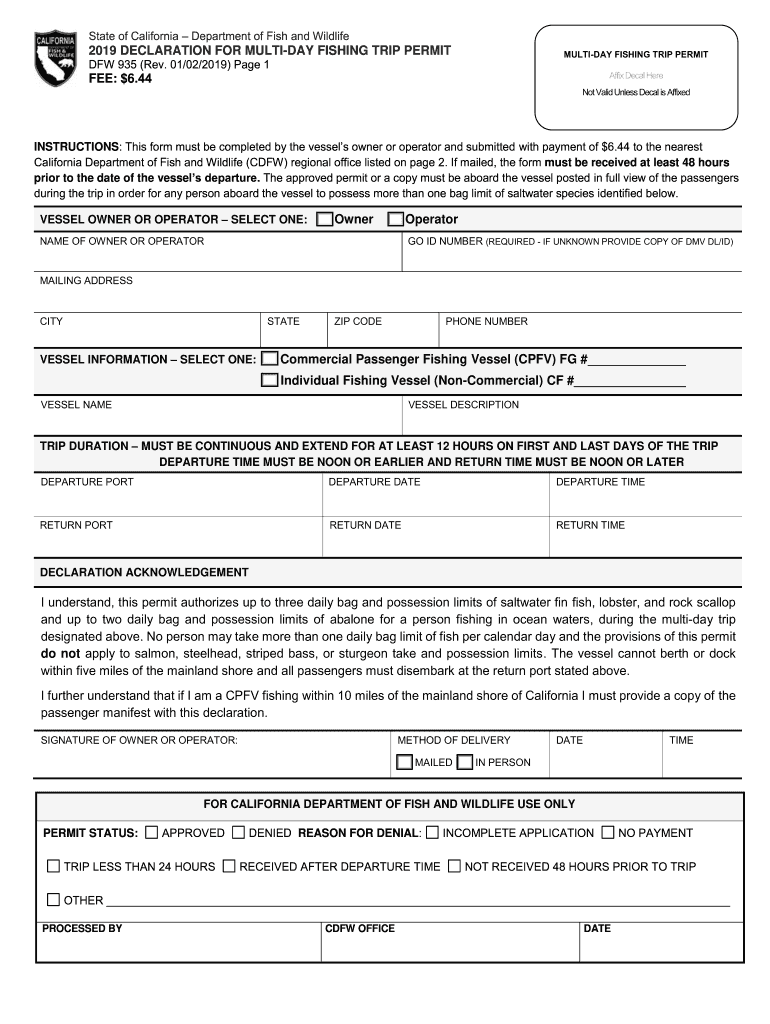  DECLARATION for MULTI DAY FISHING TRIP PERMIT 2019-2024