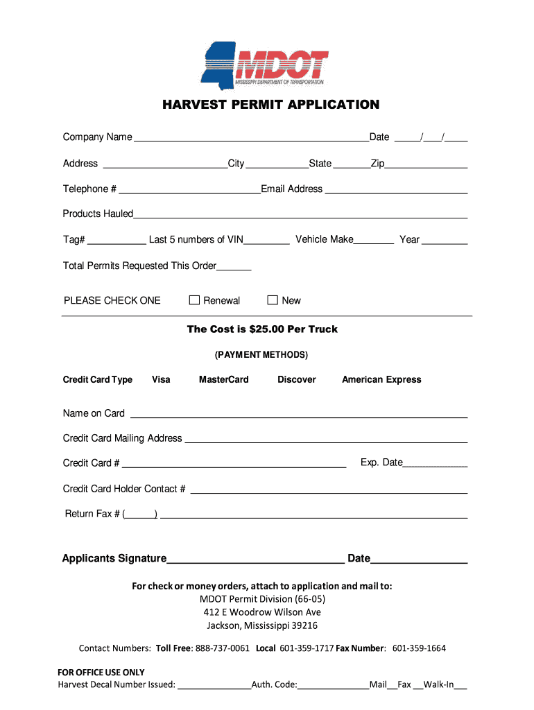 Mississippi Dump Truck Harvest Permit  Form