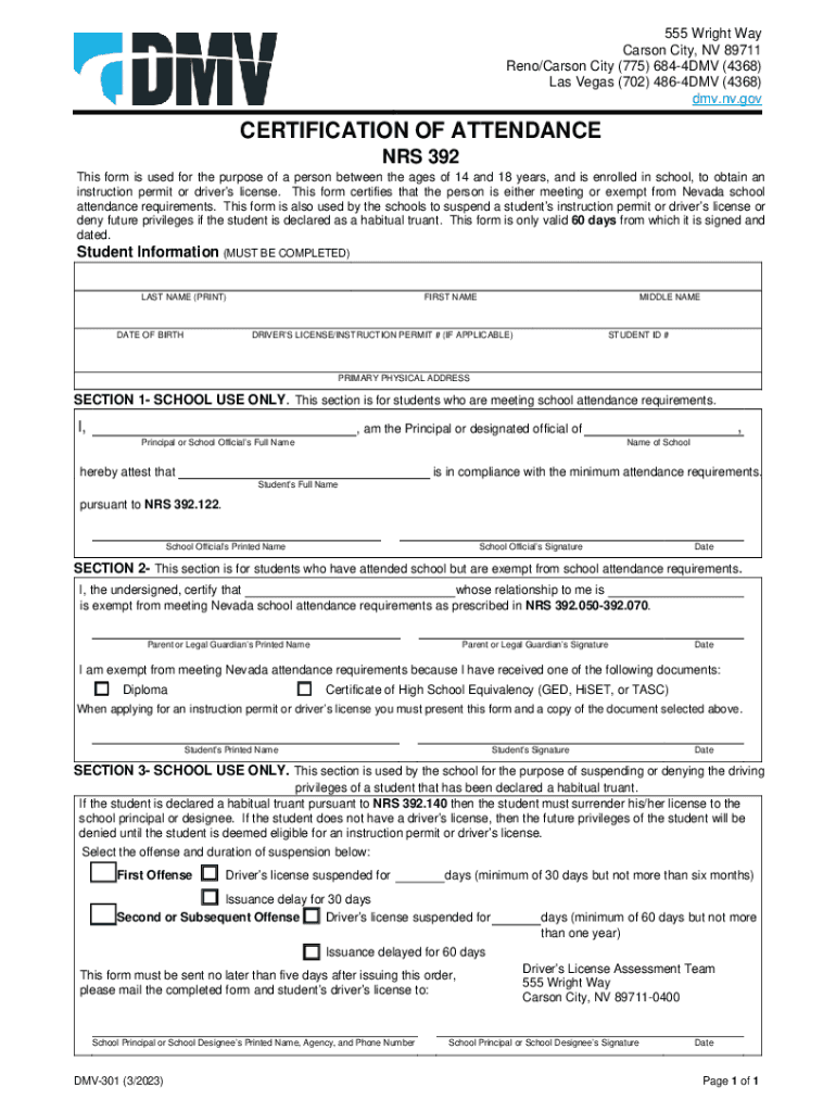  Form DMV 301 Certification of Attendance 2023-2024