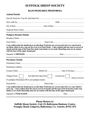 Suffolk Sheep Society Ram Pedigree Proforma