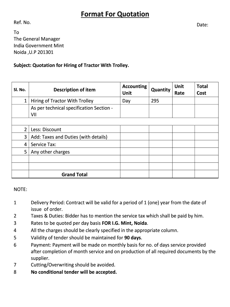 Tractor Quotation Format