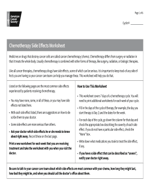 Chemotherapy Side Effects Worksheet  Form