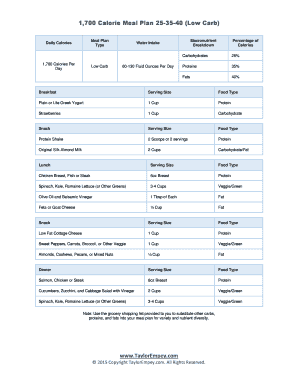 1700 Calorie Meal Plan PDF  Form