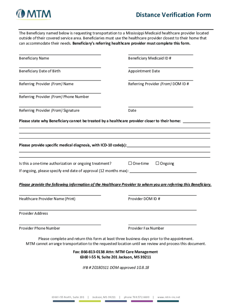  MTM Distance Verification Form 2018-2024