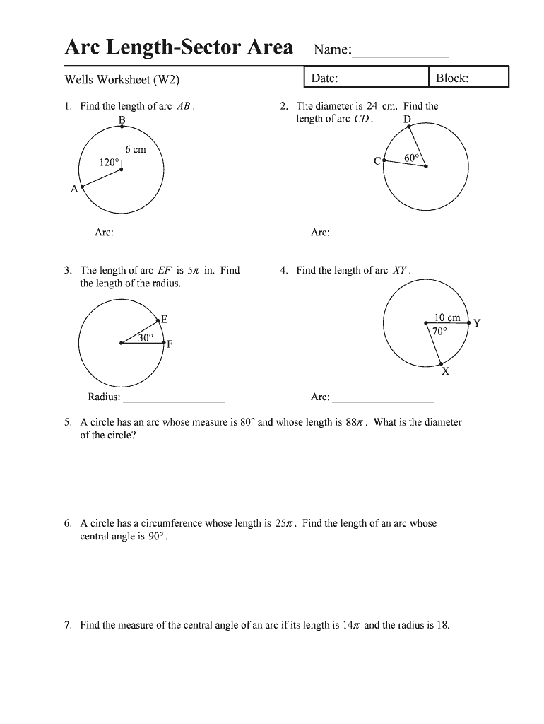 Arc Length Sector Area Wells Worksheet W2  Form