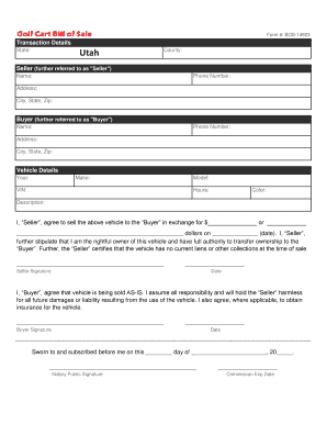 Golf Cart Bill of Sale  Form