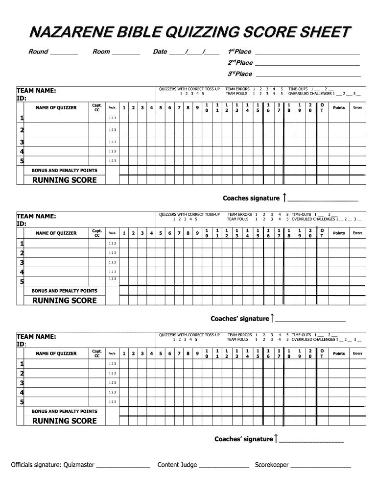 Nazarene Bible Quizzing Score Sheet USA Canada Region  Form