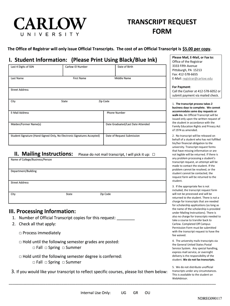  Carlow University Transcript Request Form 2017-2024