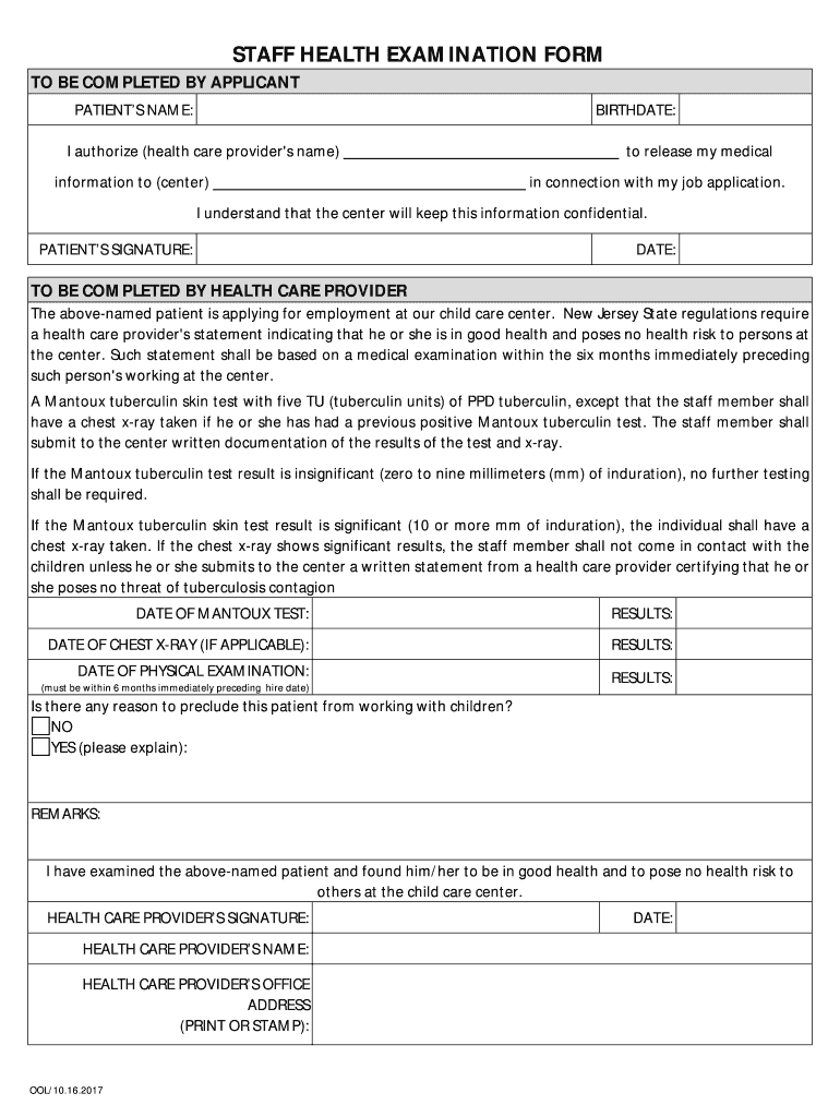 Staff Health Examination Form NJ Gov