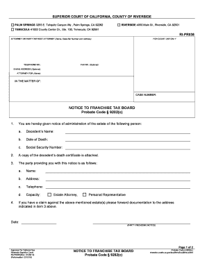 Notice to Franchise Tax Board Probate Code 9202 C  Form