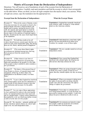 Matrix of Excerpts from the Declaration of Independence Answer Key  Form