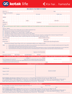 RE ISSUE PAYMENT FORM JAN 18 Cdr Kotak Life Insurance