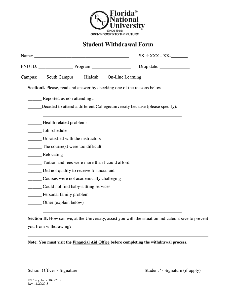  Fnu Withdrawal Form 2018-2024