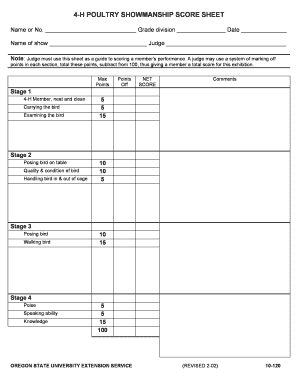 Poultry Showmanship Score Sheet Oregon 4 H Oregon State  Form