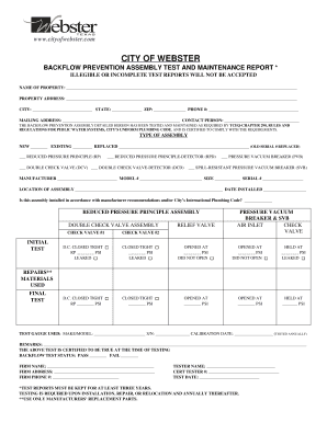 BACKFLOW PREVENTION ASSEMBLY TEST and MAINTENANCE REPORT *  Form