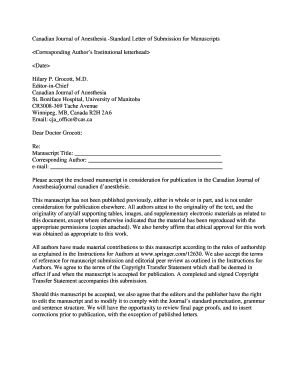 Canadian Journal of Anesthesia Standard Letter of Submission  Form