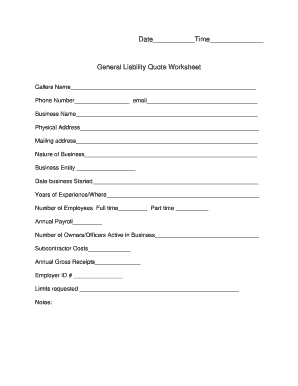 General Liability Quote Worksheet  Form
