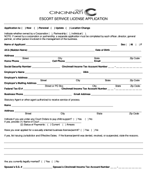 Escort Service License  Form