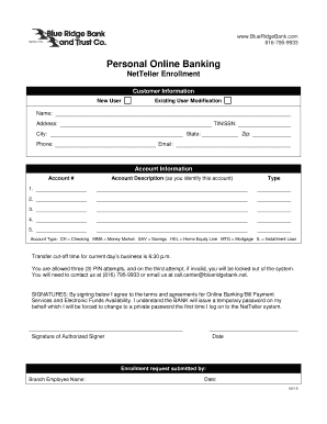 Blue Ridge Bank Online Banking  Form