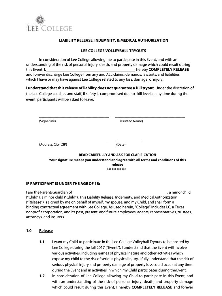 Liability Release, Indemnity & Medical Authorization Lee College Volleyball Tryouts  Form