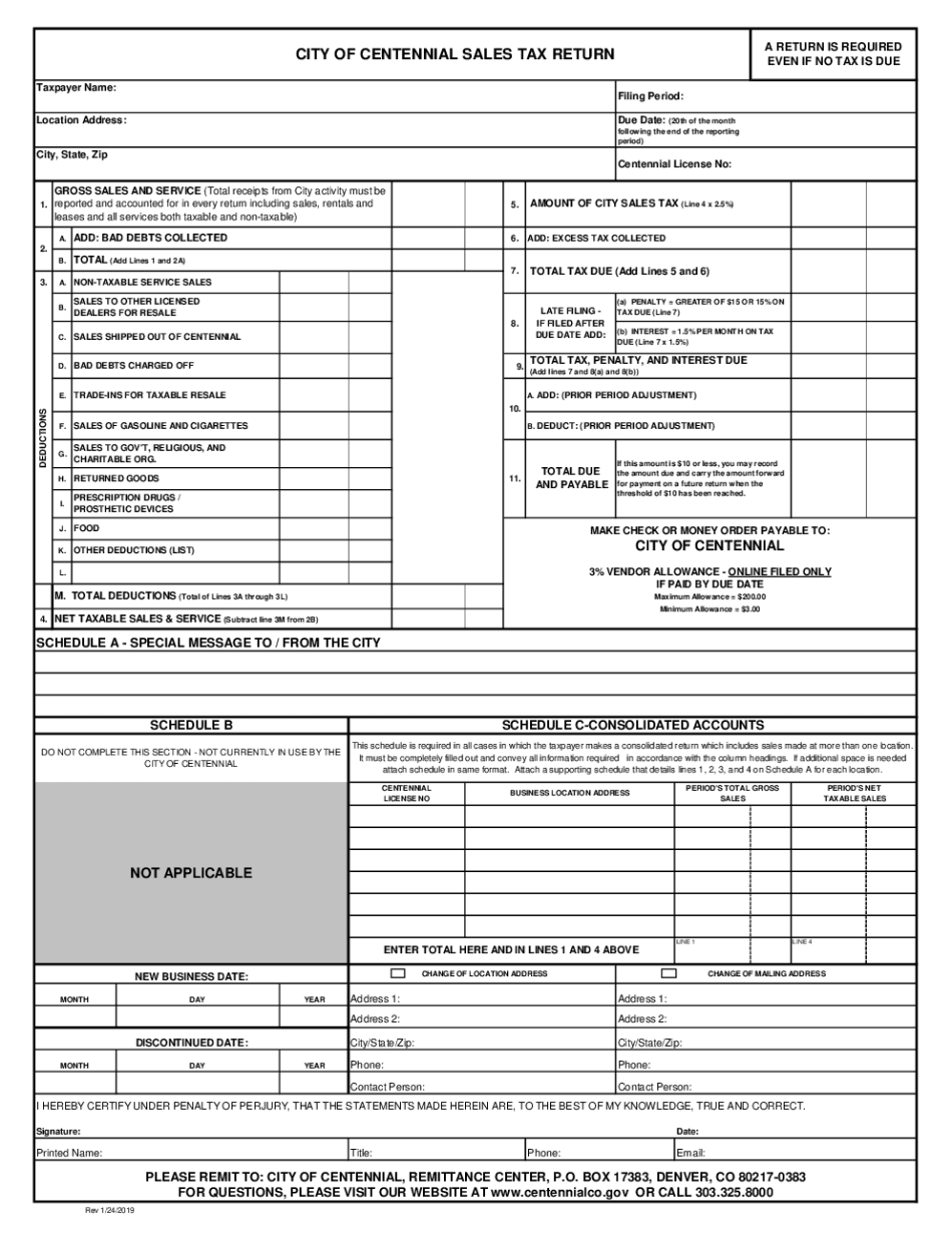  Sales Tax Return Form City of Centennial 2019-2024