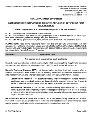 DHCS 5014 Initial Application Cover Sheet DHCS 5014 Initial Application Cover Sheet  Form