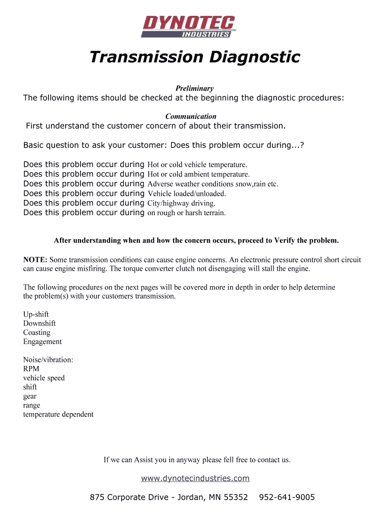 Automatic Transmission Diagnostic Worksheet  Form