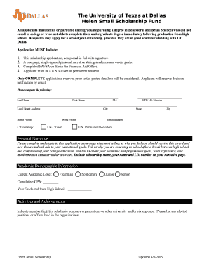 Helen Small Scholarship Application UT Dallas  Form