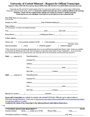 University of Central Missouri Request for Official  Form