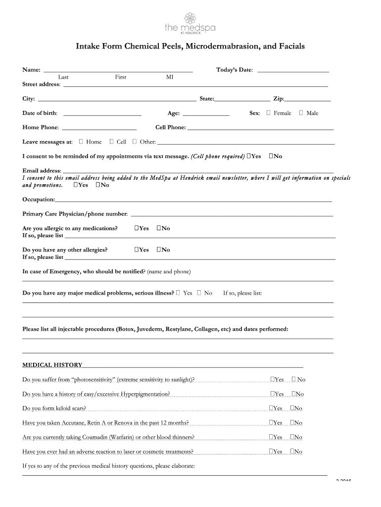 Intake Form Chemical Peels, Microdermabrasion, and Facials