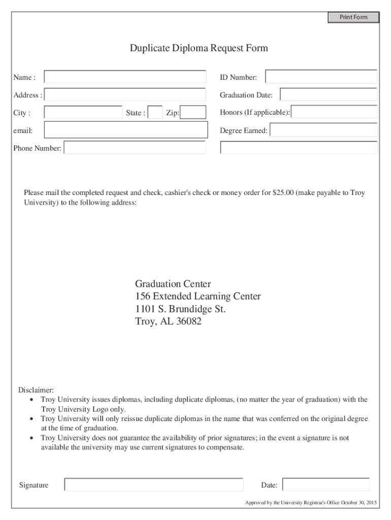 Print Reduplicate Diploma Request Form Name ID Nu