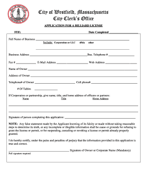 APPLICATION for a BILLIARD LICENSE  Form