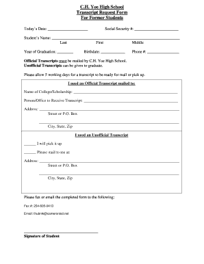C H Yoe High School Transcript Request Form for Former