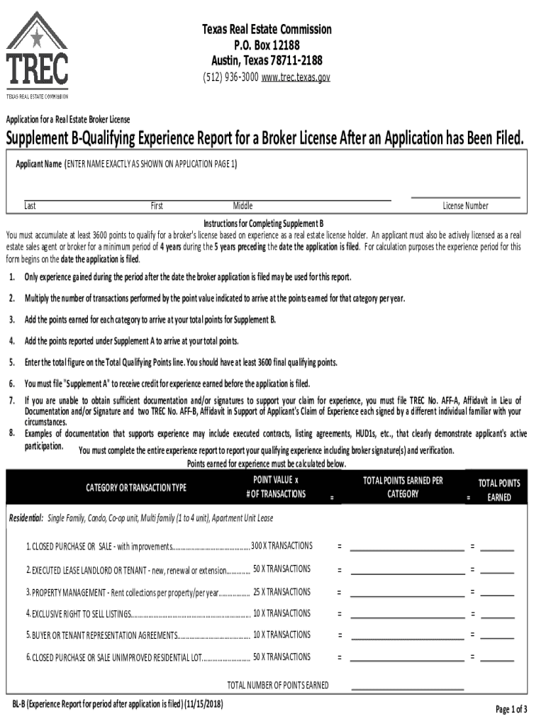 Supplement B Qualifying Experience Report for a Broker License  Form