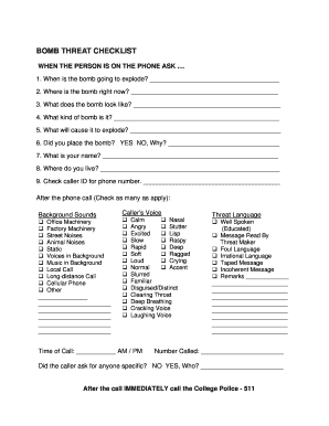 Bomb Threat Checklist  Form