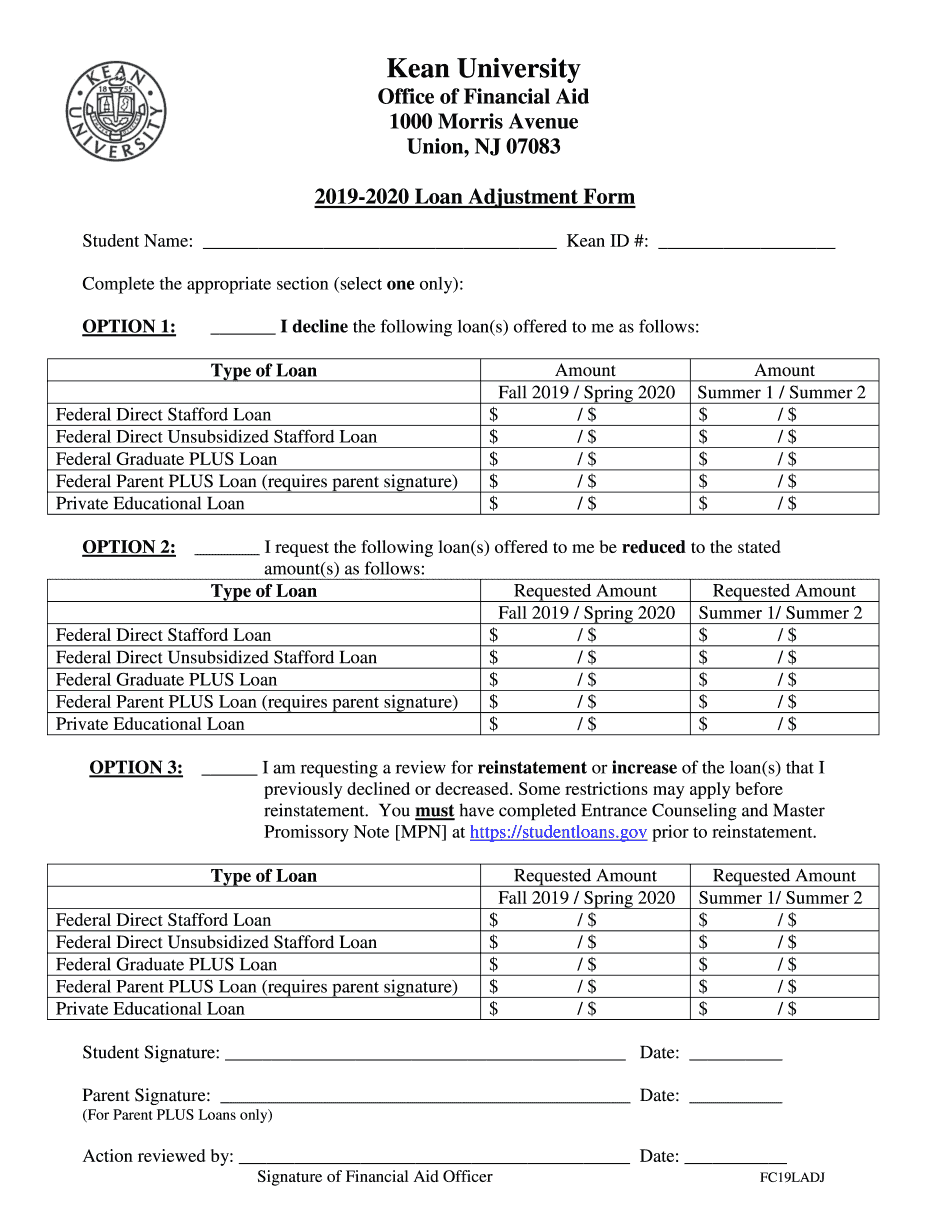  Kean Loan Adjustment Form 2019-2024
